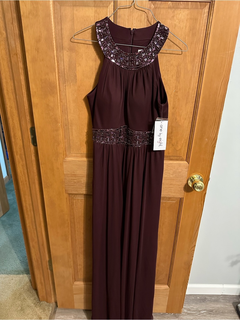 Beaded Neckline Maxi Dress in Deep Plum